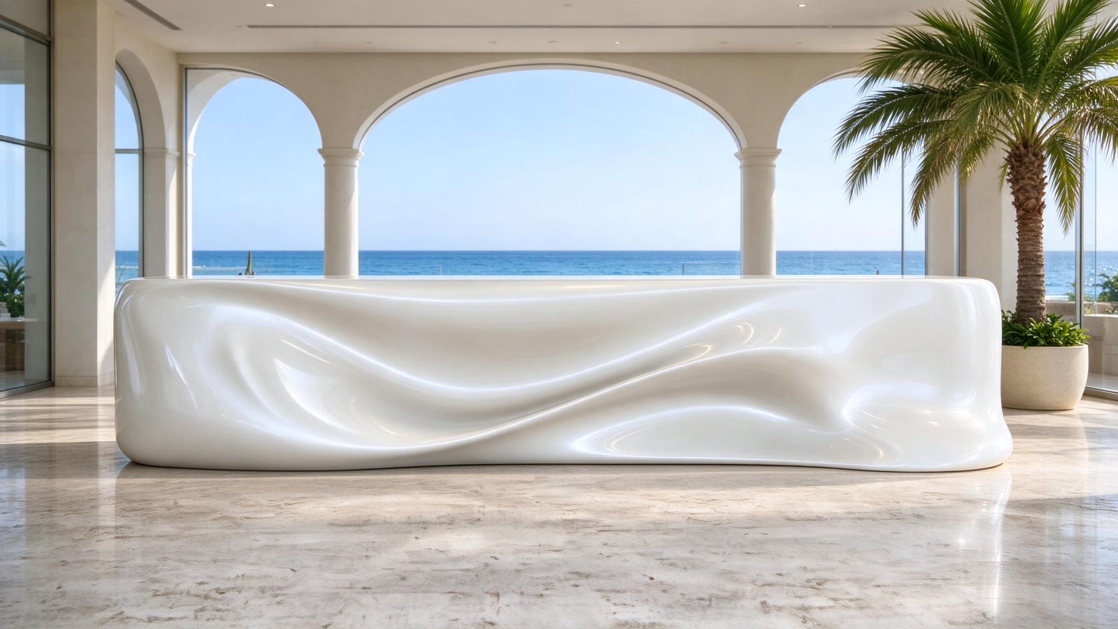 Drape reception desk in pearl gelcoat